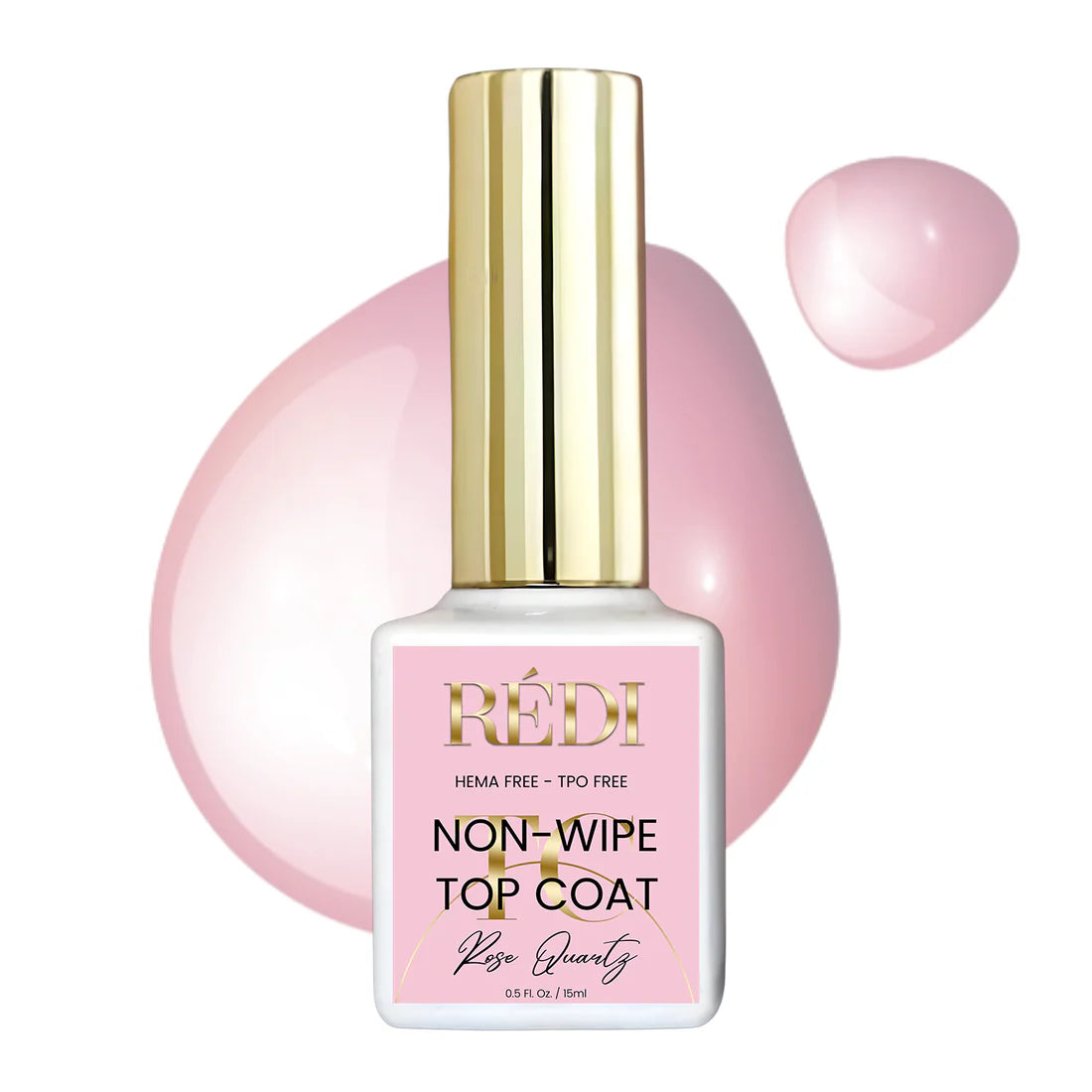 Redi Rose Quartz Pink nail polish bottle with gold cap on a white background