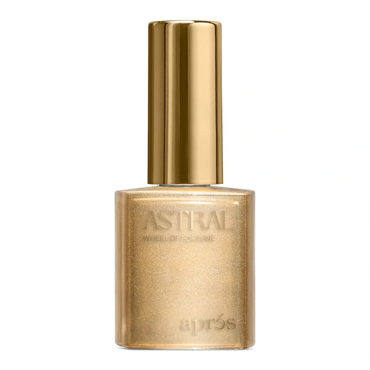 Gold nail polish bottle with 'Astral' branding on a white background