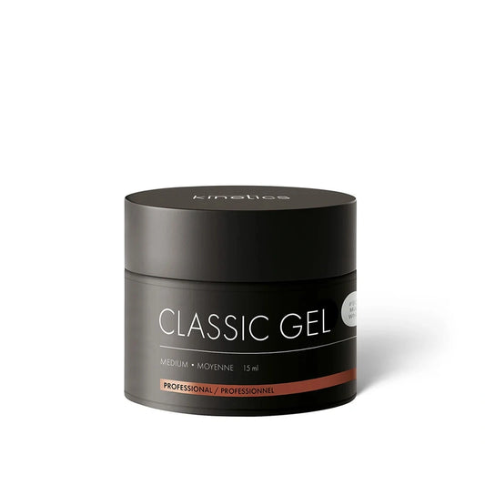 Black jar of Classic Gel with 'kinetics' branding on a white background