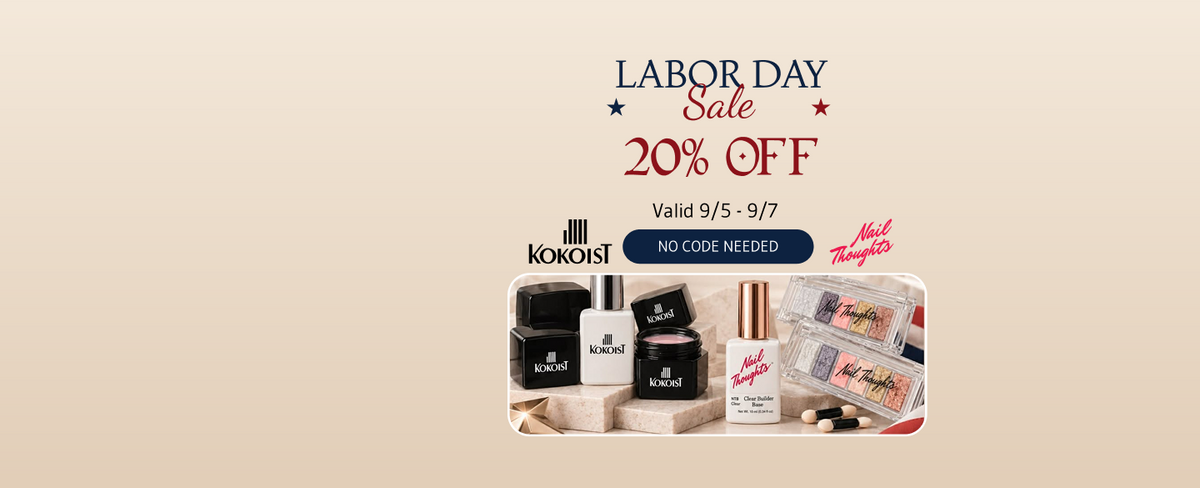Labor Day Sale 20% off promotional banner featuring Kokoist cosmetics and nail products, with a central sale text and a product collage on a beige gradient background.