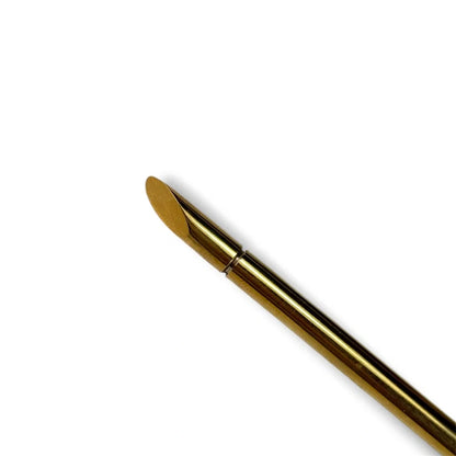 one side of a gold metal double ended cuticle pusher